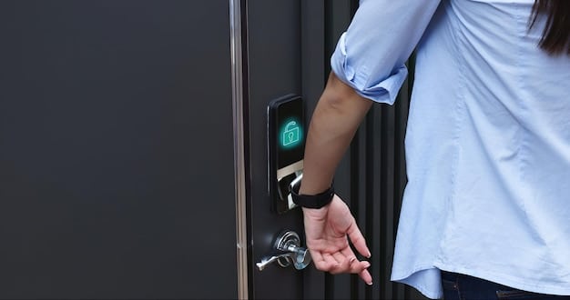 A close-up of a smart lock installed on a front door, emphasizing the security features. The image highlights how The Evolution of Smart Homes in the US: Security, Privacy, and Interoperability Concerns is directly related to physical security.