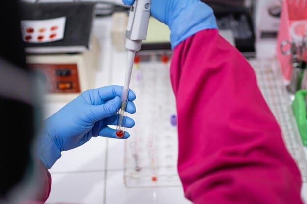 A scientist using a nanotechnology-based diagnostic tool to analyze a blood sample. The setting is a modern laboratory, with advanced equipment visible in the background. The image highlights the precision and efficiency of nanotechnology in medical diagnosis.