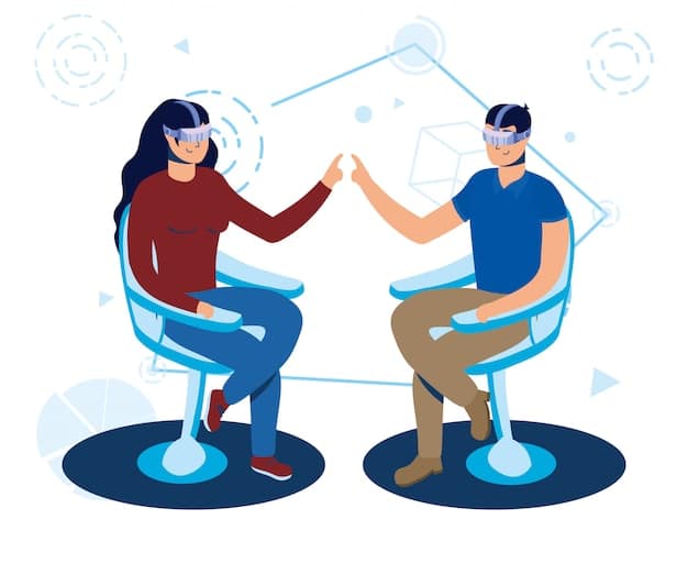 A graphic illustration showing two remote workers wearing VR headsets, interacting with a shared 3D model of a product design in a virtual environment. The visual emphasizes the collaborative aspect of VR, with annotations pointing out features like real-time feedback, shared workspace, and immersive environment.