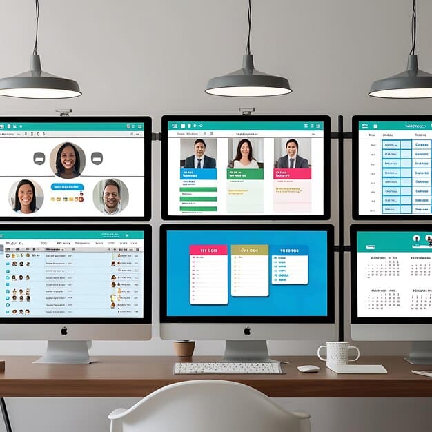 A screenshot of a project management tool interface showcasing tasks assigned to remote team members, progress bars, document sharing features, and communication channels. The scene highlights the organization, accountability, and transparency that collaboration tools bring to remote project management.