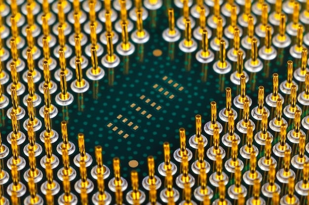 A close-up image of a silicon wafer with intricate microchip patterns, highlighting the complexity and precision of semiconductor manufacturing. The focus is on the advanced technology enabled by the US Government Invests $50 Billion in Semiconductor Manufacturing.