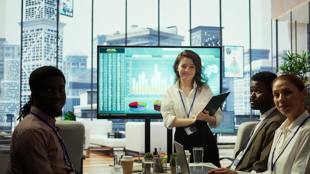 Business executives in a meeting room, analyzing financial statements on a large screen, with charts showing investment trends and tax implications.