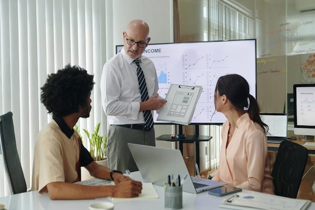 A diverse group of entrepreneurs and small business owners in a collaborative workspace, discussing financial projections around a whiteboard.
