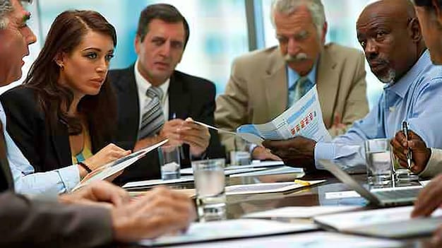 A diverse group of business leaders and economists in a deep discussion, symbolizing the varied perspectives and analytical approaches to understanding the economic impact of tax policy.