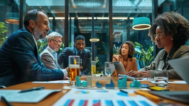A visually compelling image of a diverse group of business leaders brainstorming over a table, interspersed with charts and graphs projecting economic growth. The scene captures a sense of anticipation and strategic planning connected to 