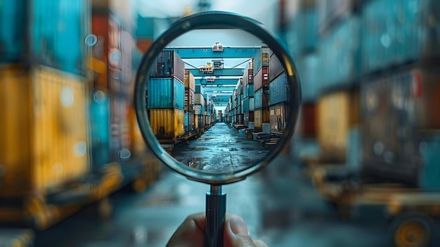 A detailed close-up of a magnifying glass over a shipping manifest, emphasizing the careful scrutiny required when assessing the impact of tariffs on imported goods. Small graphs in the background suggest financial analysis.