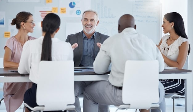 An image of a group of employees attending a benefits information session, with a presenter explaining changes on a screen. The atmosphere should be engaging and informative, illustrating effective communication regarding healthcare benefits. This relates directly to 'Alert: Changes to Healthcare Benefits for Employees - What Businesses Need to Know for 2025'.