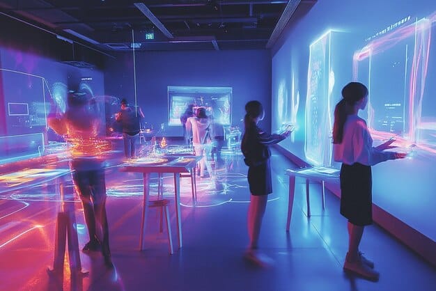 A futuristic office setting where employees are working alongside holographic AI interfaces, streamlining their tasks and enhancing productivity. The image highlights the collaborative relationship between humans and AI in the workplace.