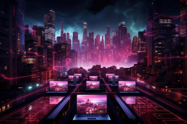 A futuristic cityscape with holographic projections of various streaming services, suggesting the integration of streaming into daily life. The image includes elements of augmented reality and artificial intelligence, indicating the technological advancements shaping the future of entertainment. A subtle question mark hovers above the cityscape, alluding to 
