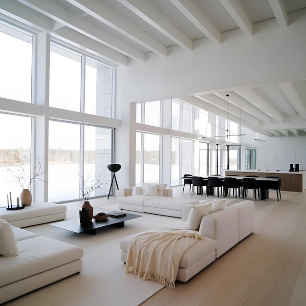 Interior shot of a modern, minimalist living room in a celebrity-owned house, featuring floor-to-ceiling windows with a view of the Los Angeles skyline. The decor is stylish and understated, reflecting current trends in luxury interior design relevant to Celebrity Real Estate Trends: Who's Buying and Selling in Hollywood This Quarter?.