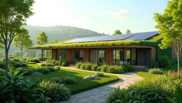A modern, eco-friendly house with solar panels on the roof and a lush green garden, showcasing sustainable living. This image represents the rising trend of eco-conscious celebrity real estate investments, aligning with Celebrity Real Estate Trends: Who's Buying and Selling in Hollywood This Quarter?.