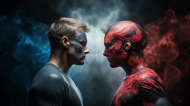 A split image contrasting a generic, CGI-heavy superhero fight scene on one side with a more intimate, character-driven moment from a critically acclaimed superhero film (e.g., Logan, The Dark Knight) on the other. The image aims to showcase the evolving audience preference for substance over spectacle, impacting Box Office Projections: Will Superhero Fatigue Impact Summer 2025 Blockbusters?.