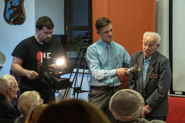 A behind-the-scenes shot of a film set, focusing on an actor in costume discussing a scene with the director. The atmosphere is bustling with activity, representing the high-pressure environment of film production.