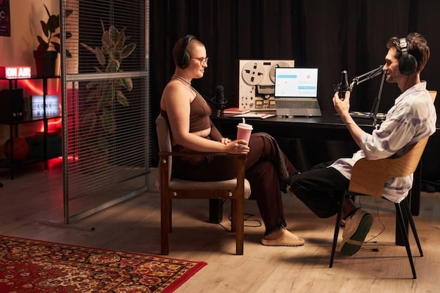 A split-screen visual showcasing diverse podcasting setups. On one side, a cozy home studio with a laptop and microphone. On the other side, a professional recording studio with advanced equipment. Each setup reflects the varying levels of production and investment in podcasting.