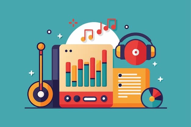 A dynamic graphic showcasing podcast statistics and data visualizations. Charts and graphs illustrate listener demographics, episode download rates, and social media engagement metrics. The visual emphasizes the data-driven aspects of podcast popularity and success.