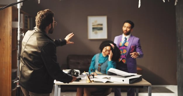 A director on set, passionately explaining a scene to the actors. The director's enthusiasm and clear vision are evident as they gesture emphatically. The scene captures a moment of collaboration and creative energy, vital for creating an award-winning film.