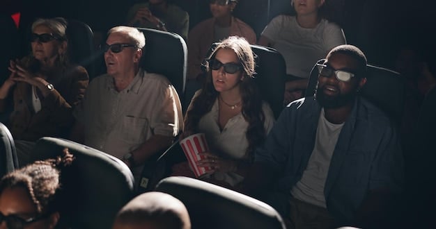 A wide shot of a film festival audience, attentively watching a movie screening. The setting is a dimly lit theater, and the atmosphere is one of anticipation and excitement, representative of discovering new films through events like 'Indie Film Spotlight: Discover the Hidden Gems You Need to Watch This Year'.