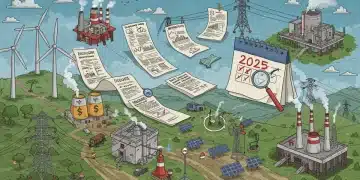 Illustration of energy permitting reform efforts for 2025, showing various energy sources and regulatory documents.