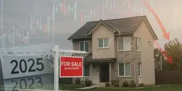 Modern house with 'For Sale' sign and 2025 calendar, symbolizing housing market predictions.