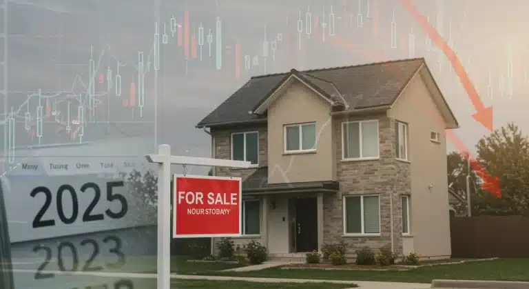 Modern house with 'For Sale' sign and 2025 calendar, symbolizing housing market predictions.