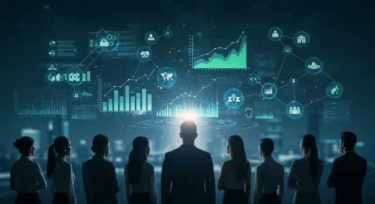 Professionals analyzing futuristic holographic job market projections for 2025 growth
