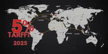 Visualizing the economic impact of a 5% tariff on imported goods in 2025, showing global trade routes and affected sectors.