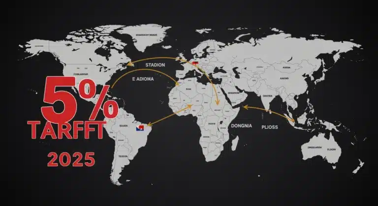 Visualizing the economic impact of a 5% tariff on imported goods in 2025, showing global trade routes and affected sectors.