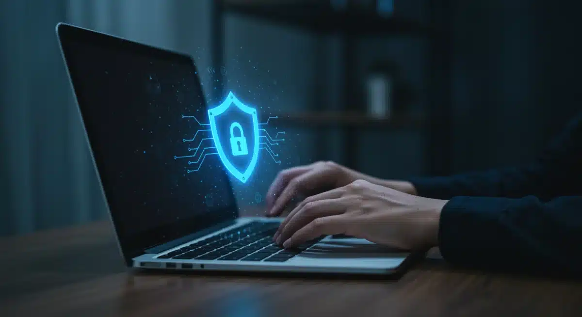 Person actively typing on laptop, blue shield icon on screen for cybersecurity protection
