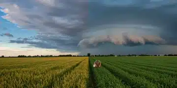 Agricultural fields under contrasting skies, symbolizing weather impact on 2025 food costs.