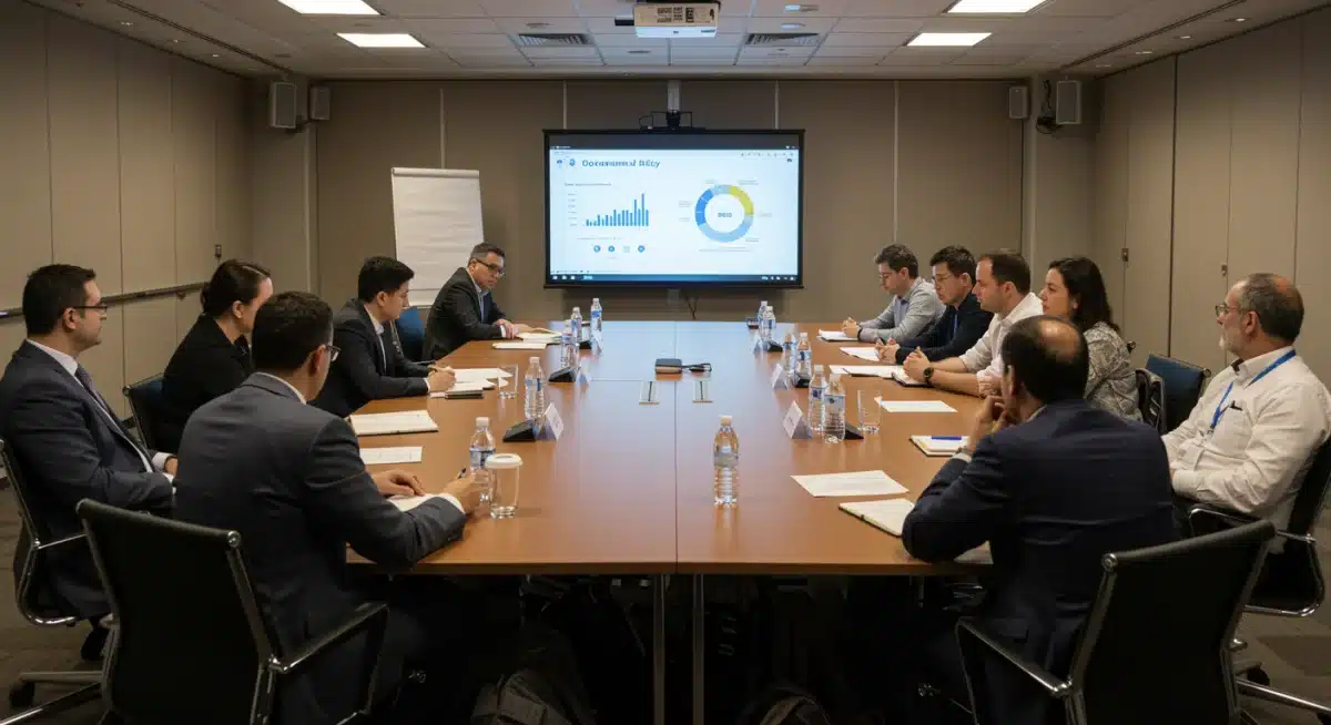 Stakeholders discussing AI policy and governance in a modern conference setting.