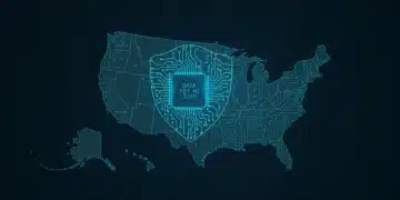 Digital circuits forming a shield over the United States, symbolizing AI regulation and data privacy.