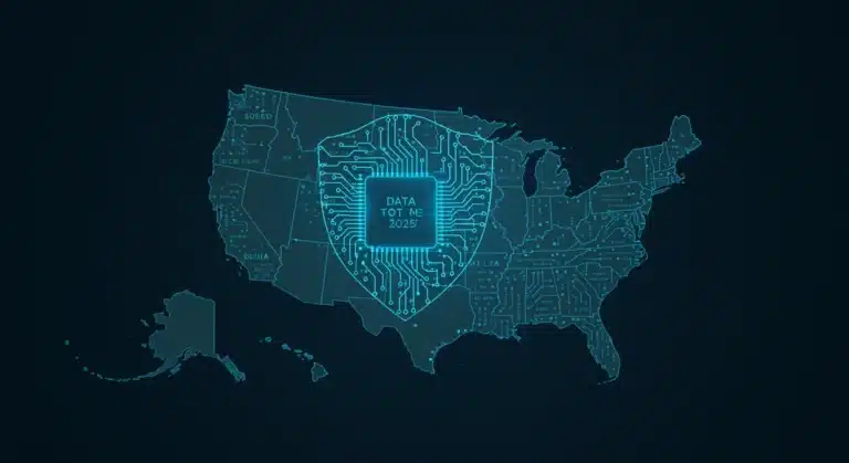 Digital circuits forming a shield over the United States, symbolizing AI regulation and data privacy.
