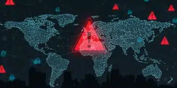 Digital alert over government buildings, symbolizing a cyberattack on critical infrastructure.