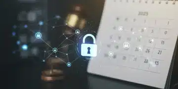 Digital padlock over data network, symbolizing new data privacy law and security