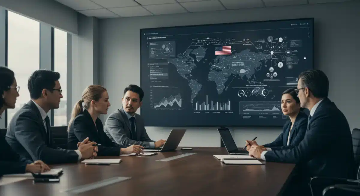 U.S. decision-makers discussing complex global trade policy data in a modern conference room.