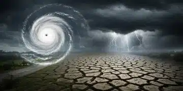 Dramatic weather collage showing hurricane, drought, and floods, symbolizing drastic climate change impacts.