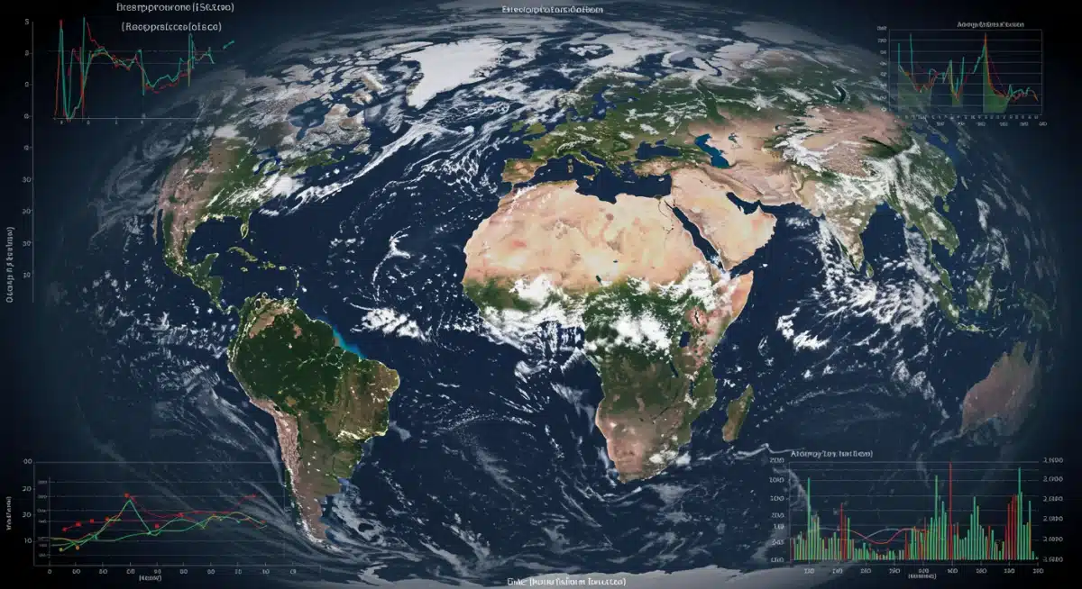 Satellite view of Earth with climate data overlays, illustrating global environmental shifts.