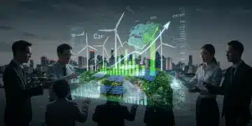 Professionals analyzing economic data on green investment impact