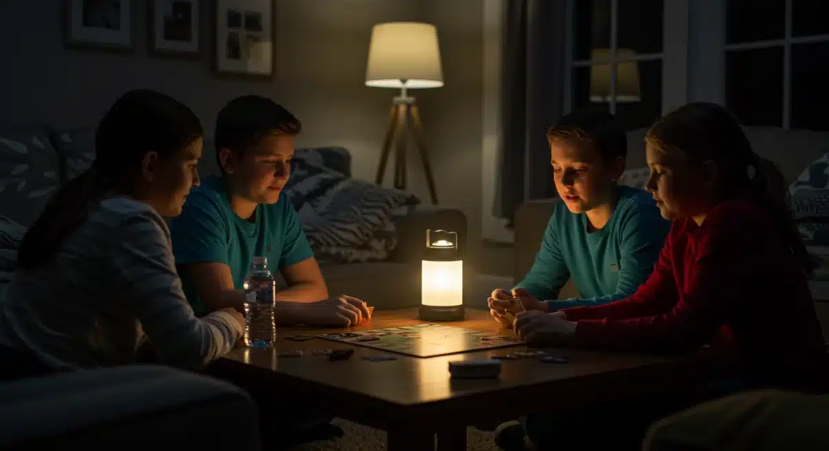 Family prepared during a power outage with emergency supplies and lantern