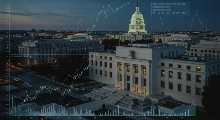 Federal Reserve building at dusk, symbolizing 2025 interest rate outlook and financial impact