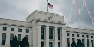 Federal Reserve building with overlay of fluctuating interest rate charts