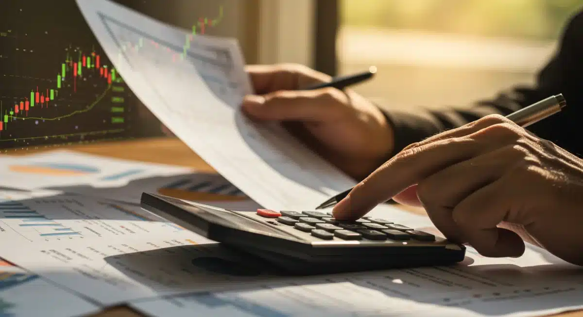 Person reviewing financial statements, calculating budget adjustments due to inflation.