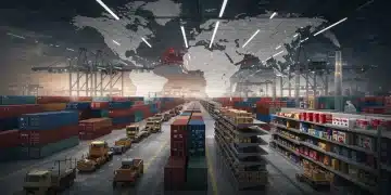 Global supply chain under strain, showing empty shelves and container ships