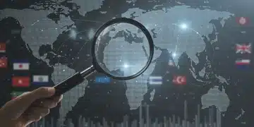 Stylized globe with trade routes, U.S. focus, economic charts, and international flags.