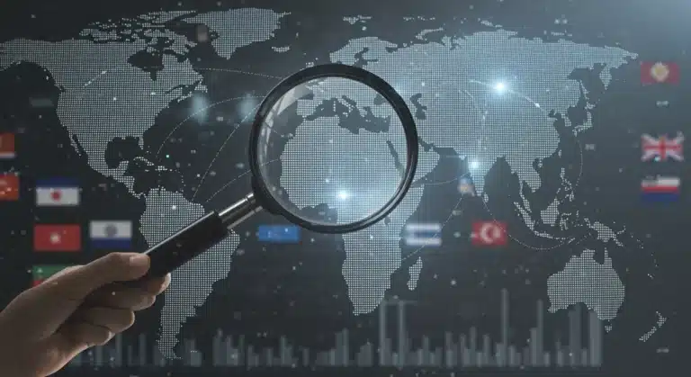 Stylized globe with trade routes, U.S. focus, economic charts, and international flags.