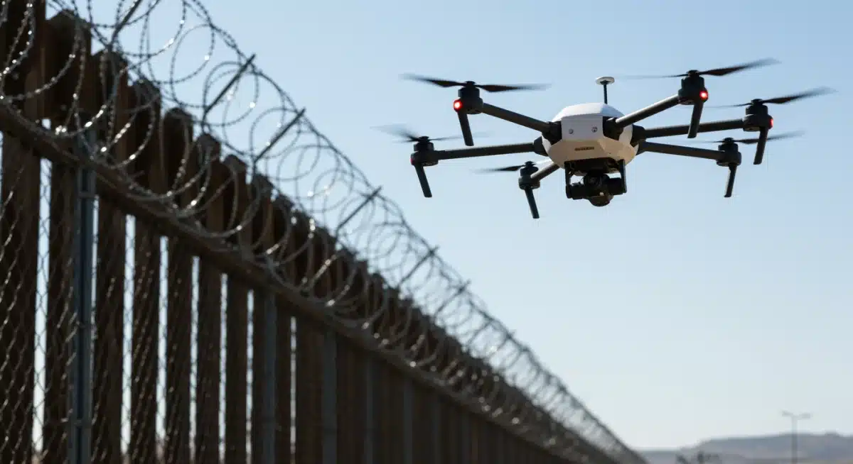 Advanced surveillance drone actively monitoring a fortified border fence under heightened security protocols.