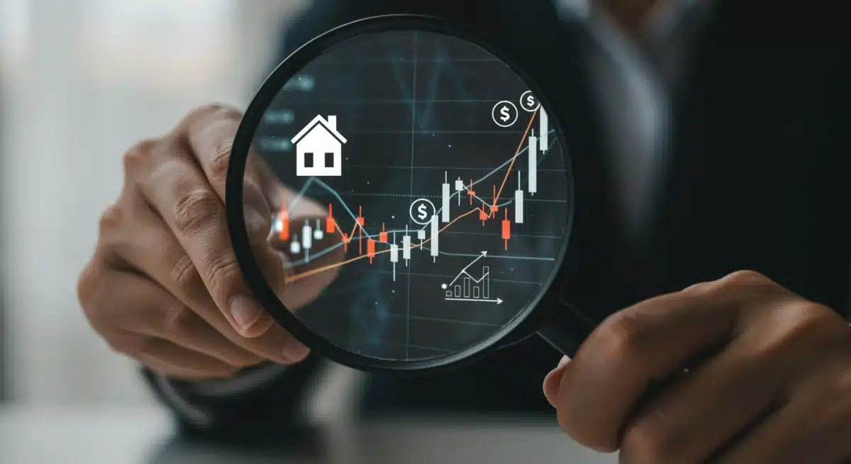 Magnifying glass over financial chart showing interest rate fluctuations and their impact on mortgages and investments