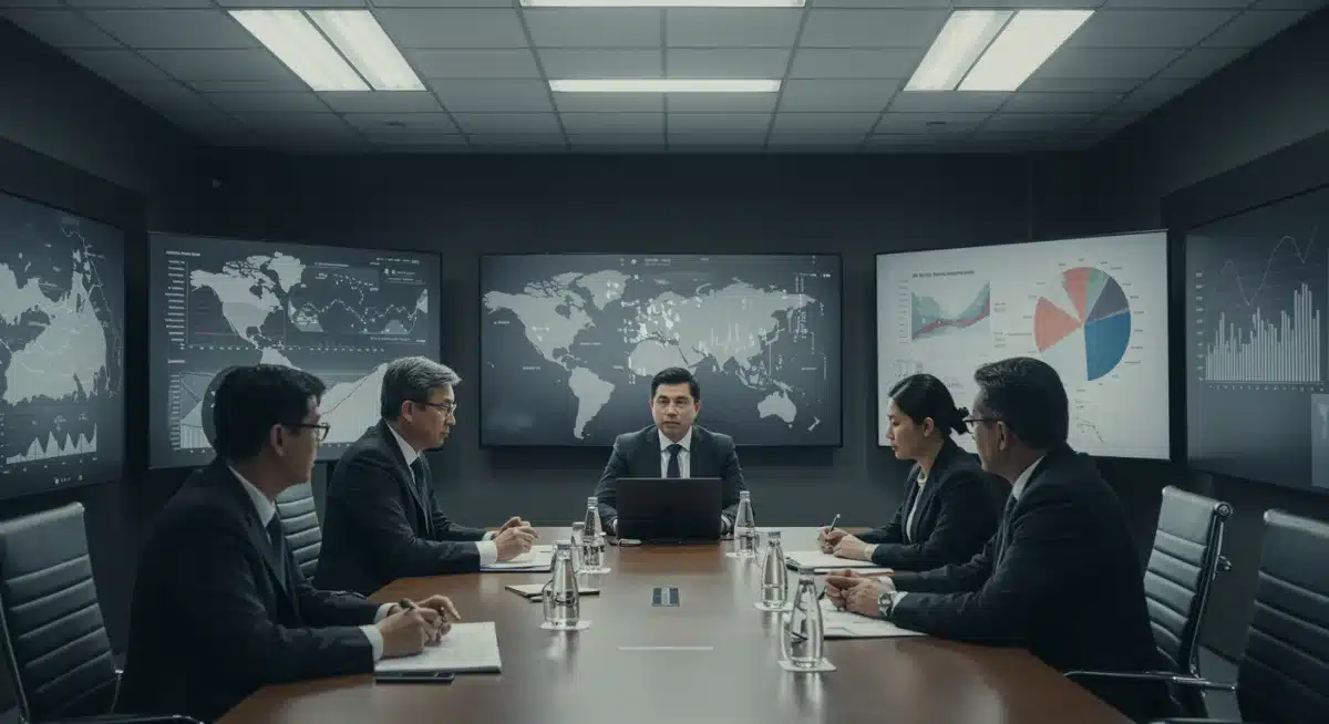 International business leaders discussing global economic data and trade agreements