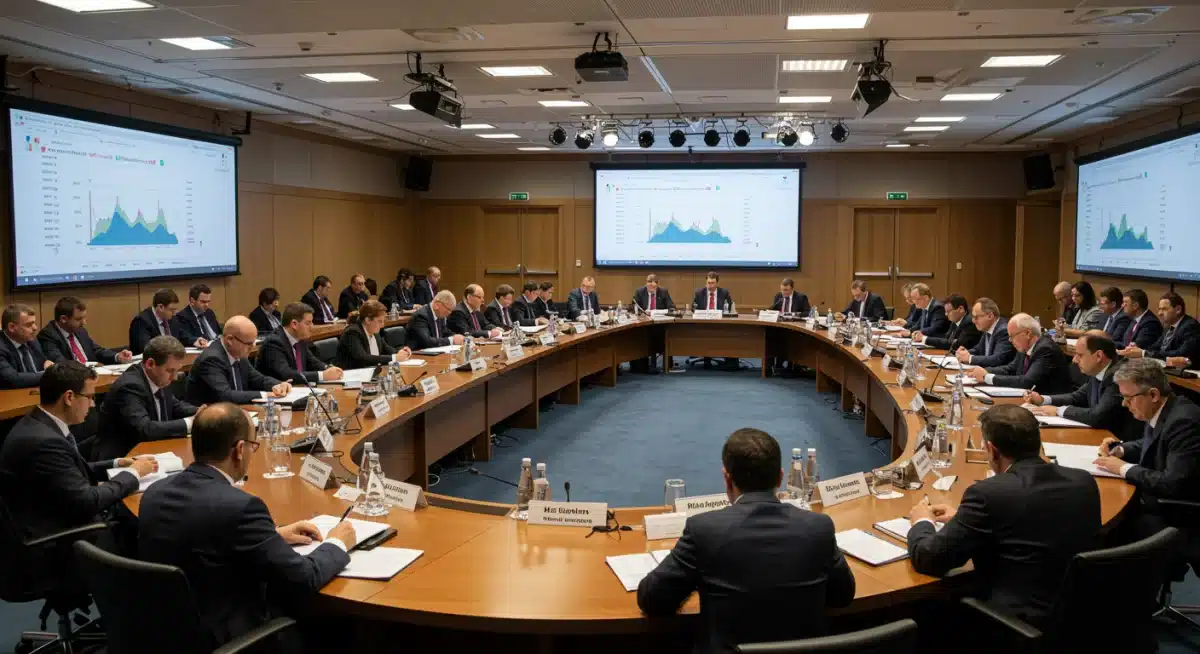 International delegates discussing climate policy frameworks