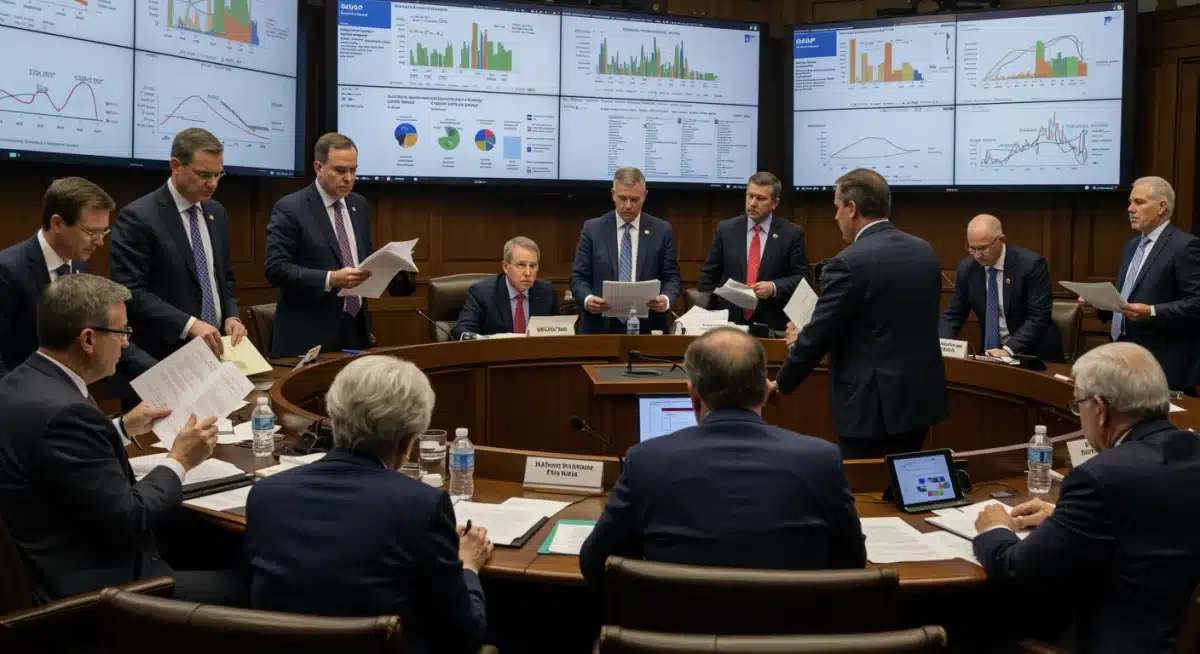 Legislators discussing policy documents in a committee meeting
